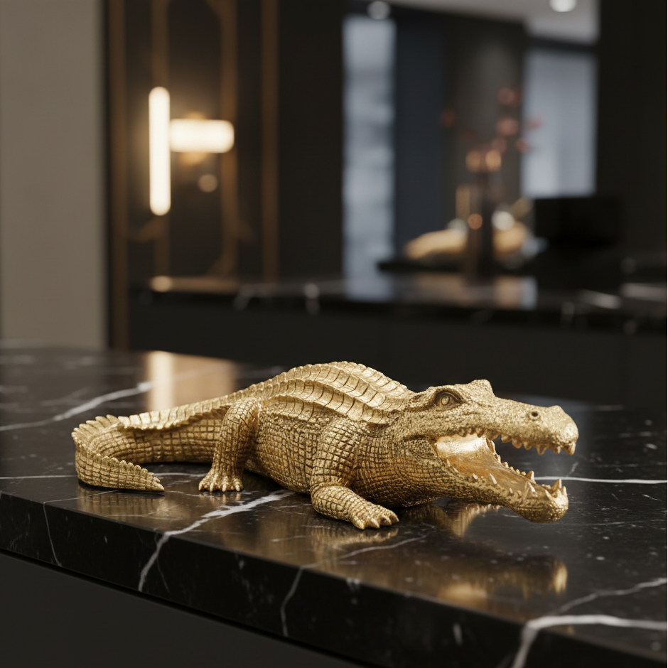 Golden crocodile decorative sculpture in antique gold finish