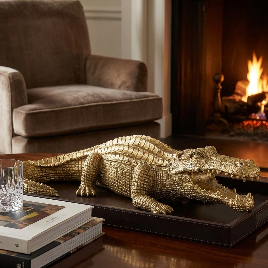 Golden crocodile decorative sculpture in antique gold finish