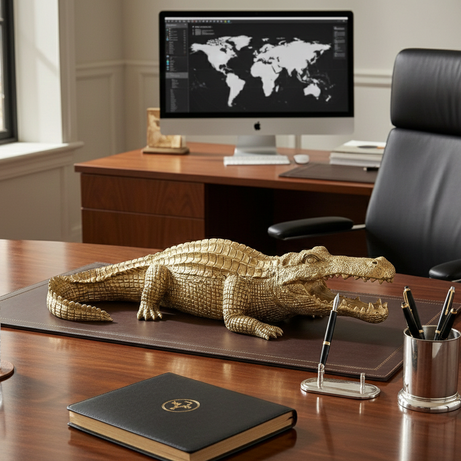 Golden crocodile decorative sculpture in antique gold finish